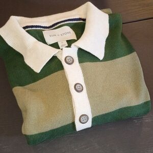 Sun + Stone Green/Tan Men's XL Button Neck Sweater 48" Chest. NEW